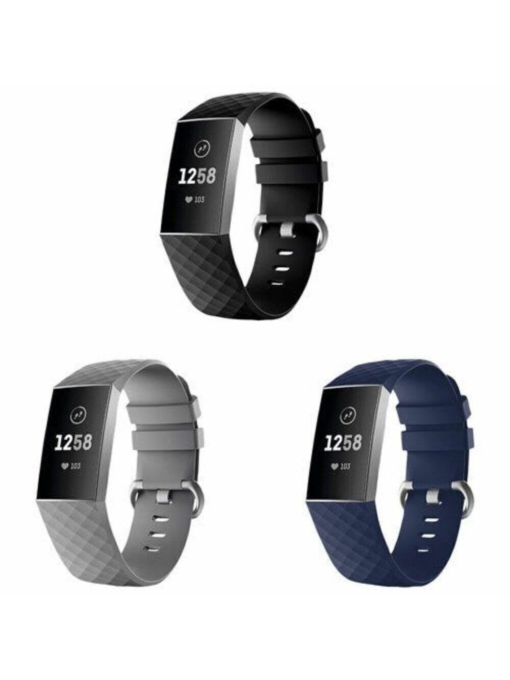StrapsCo Silicone Strap for Fitbit Charge 4 & 3 - Black/Blue/Grey - 3 Pa…